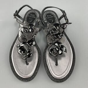 RENE CAOVILLA Size 4 Black Leather Rose T Strap Crystal Studded Sandals